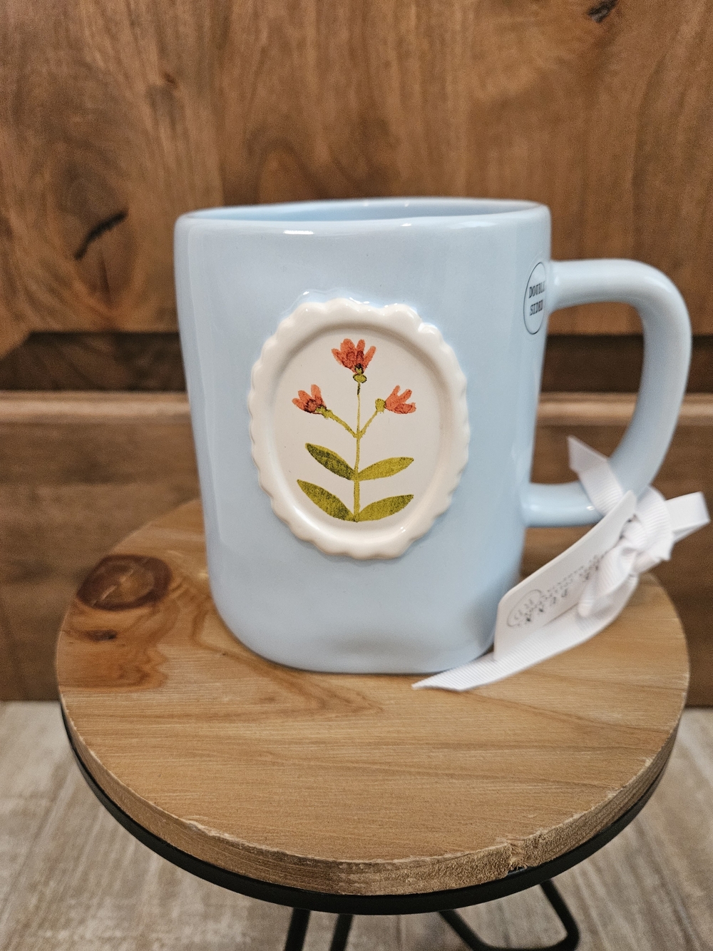 Rae Dunn Blue Ceramic Mug with Floral Medallion And Quote